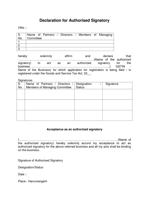Declaration of authorized signatory format in GST - CONSULTEASE.COM