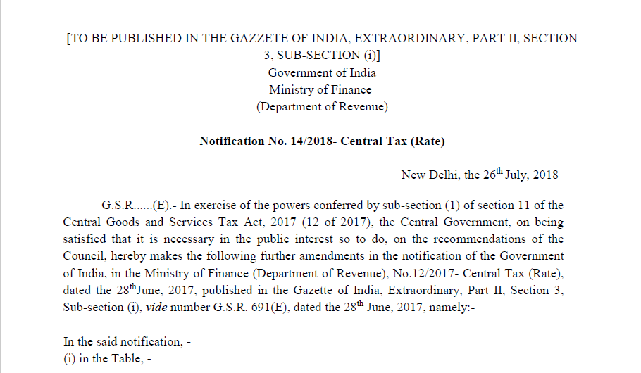 Notification No. 14/2018- Central Tax (Rate)