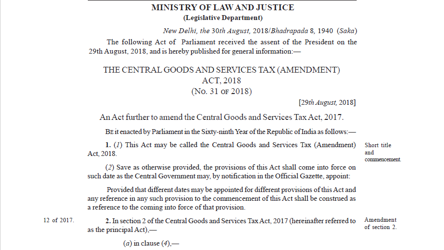 Central Goods and Services Tax (Amendment) Act, 2018