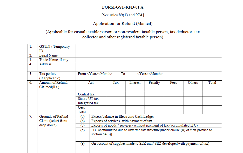 refund application under GST-RFD-01A