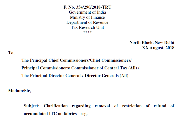 Draft Circular on refund of accumulated ITC on fabrics