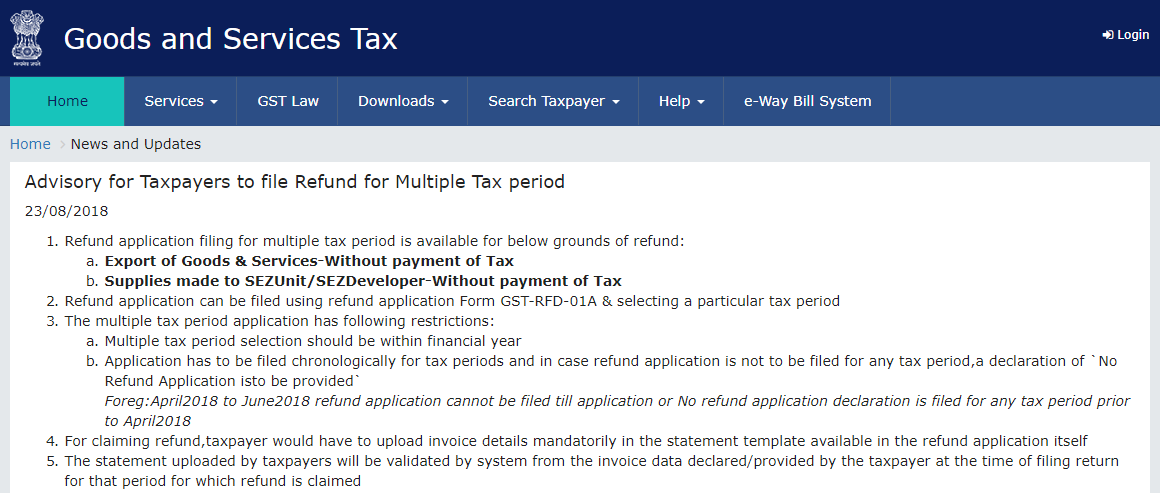 Advisory for Taxpayers to file Refund for Multiple Tax period