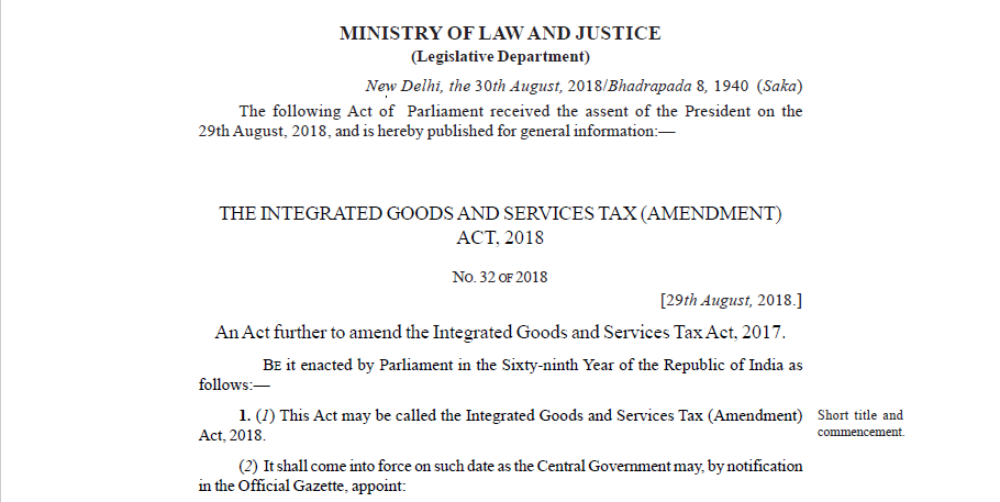 The Integrated Goods and Services Tax (Amendment) Act, 2018