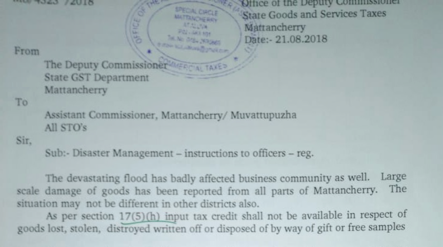 Reversal of ITC for goods damaged in Kerala Flood
