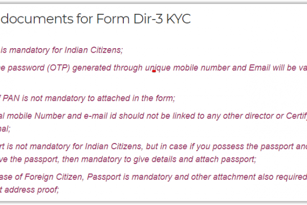 List of documents for form DIR 3 KYC