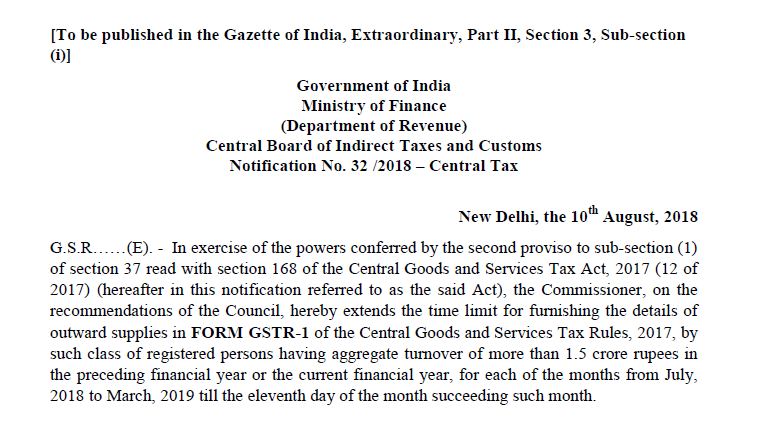 Notification No. 32 /2018 – Central Tax