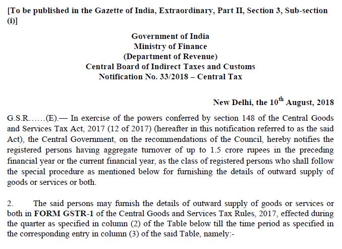 Notification No. 33/2018 – Central Tax