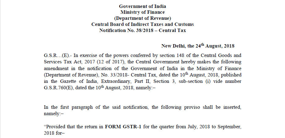Notification No. 38/2018 – Central Tax
