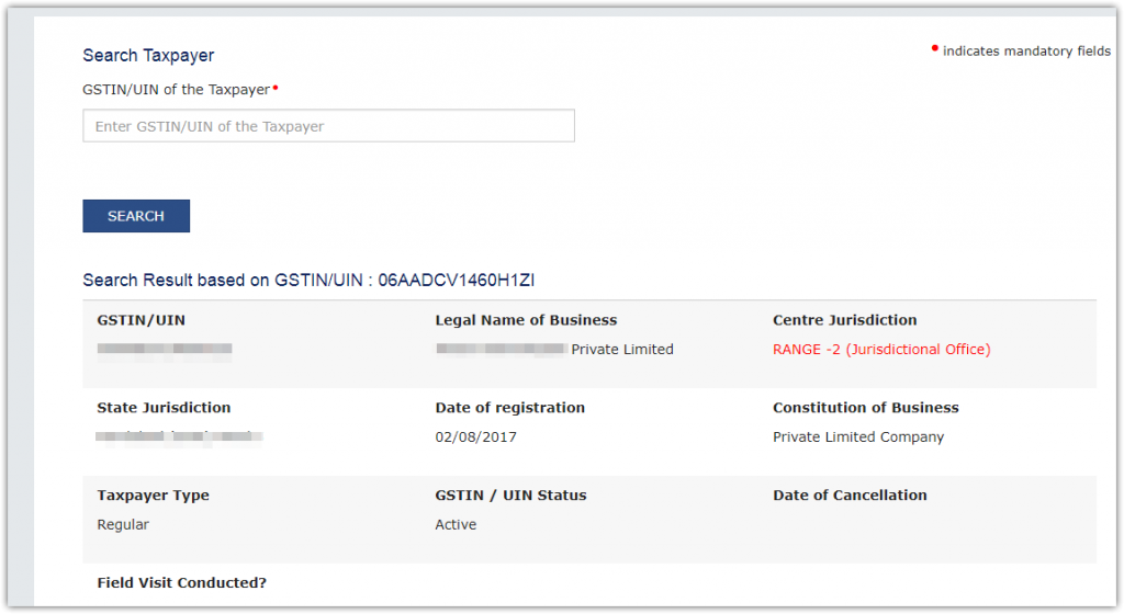 Taxpayer search at GSTN portal