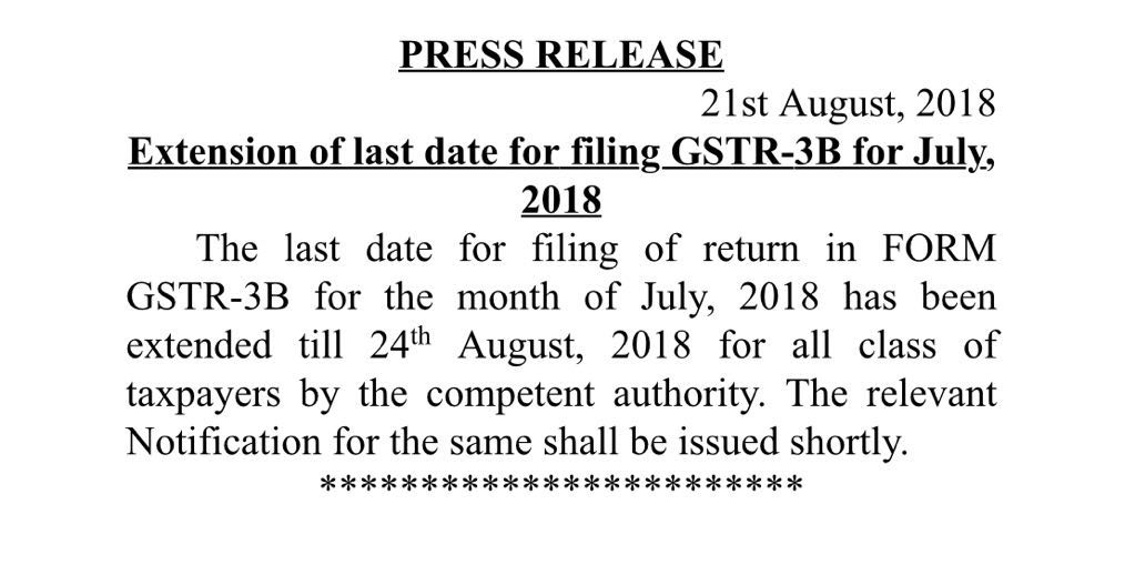 Date for Filing GSTR-3B Extends till 24 August 2018