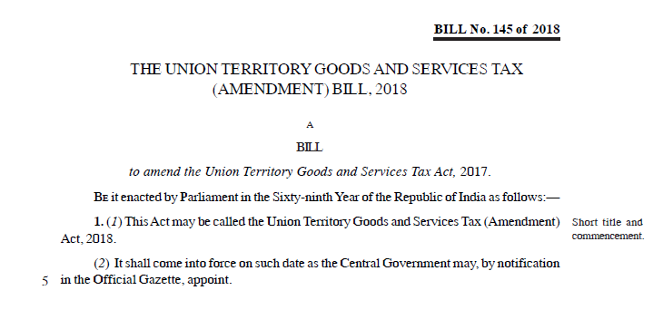 The Union Territory Goods and Services Tax (Amendment) Bill, 2018