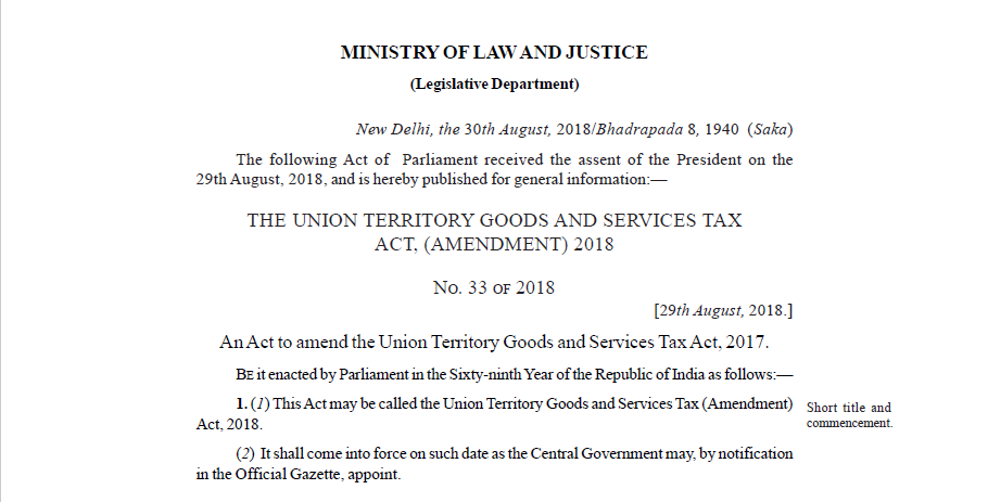 Union Territory Goods and Services Tax (Amendment) Act, 2018