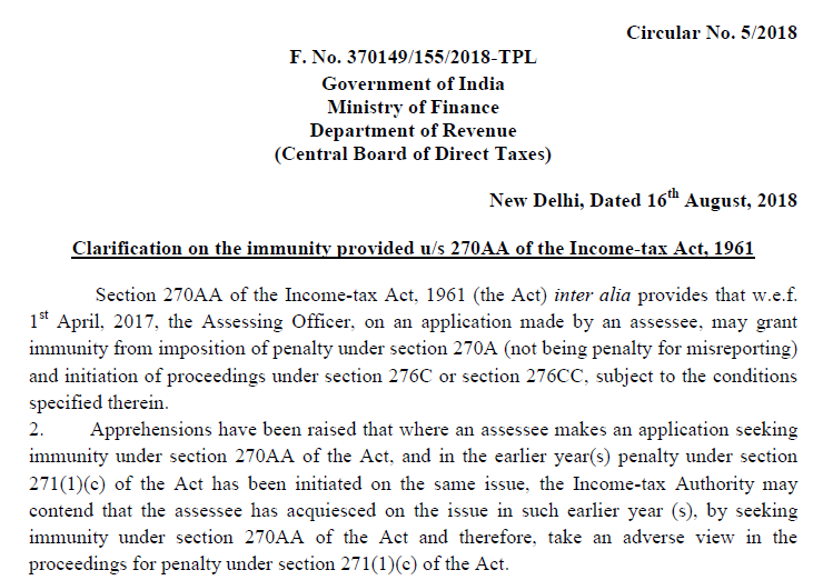 Clarification on the immunity provided u/s 270AA of the Income-tax Act, 1961
