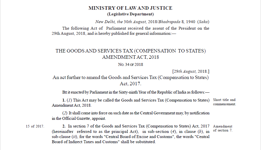 Goods and Services Tax (Compensation to State) Amendment Act, 2018