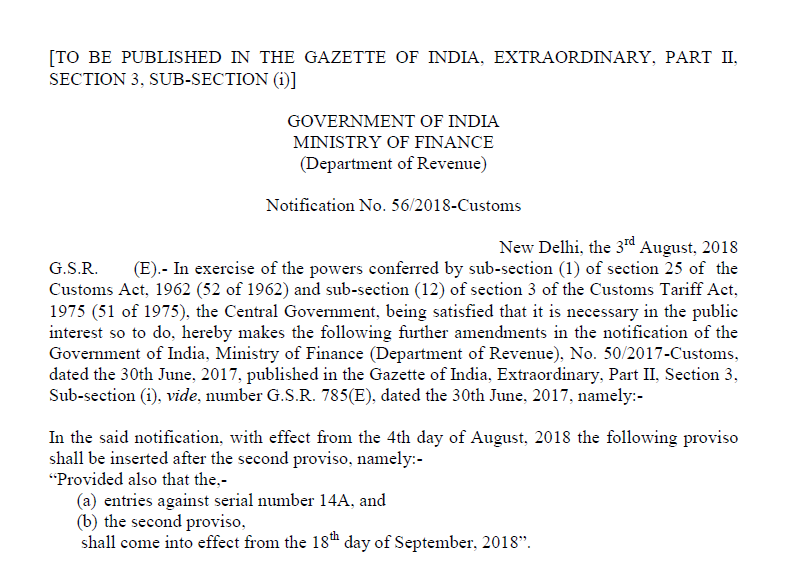 Notification No. 56/2018-Customs