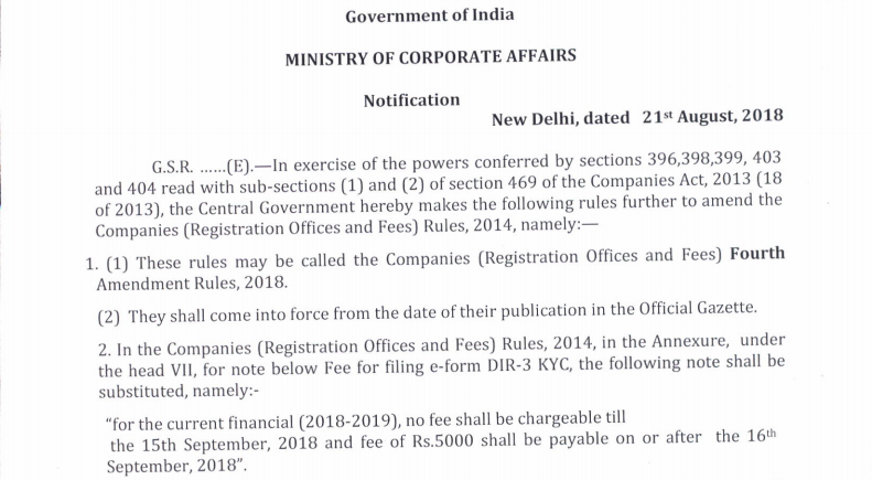 Extension for filing the Form DIR-3 KYC