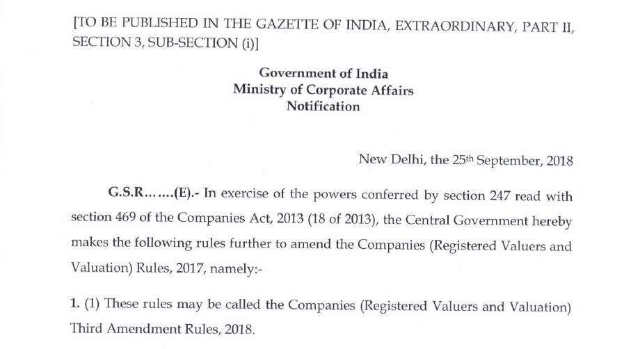 The companies (Registered valuers and Valuation) Third Amendment Rules, 2018