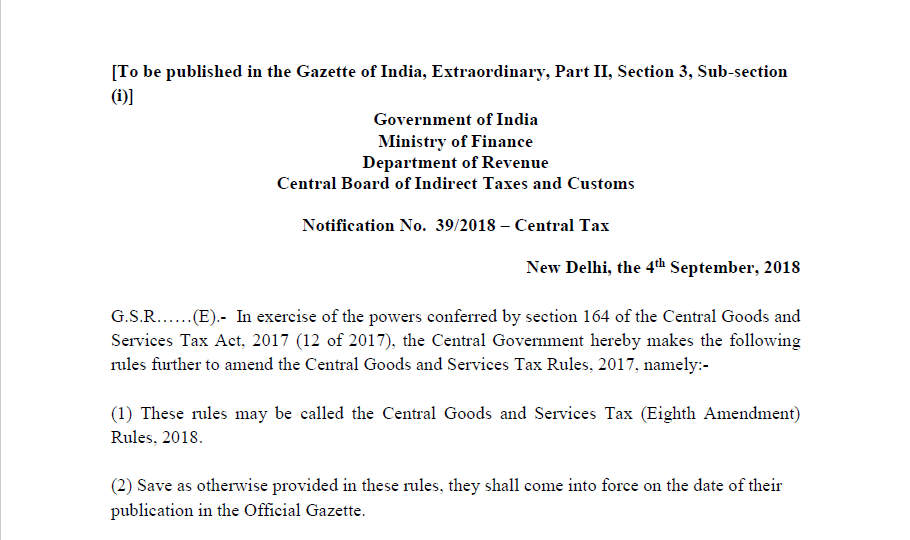 Notification No. 39/2018 – Central Tax