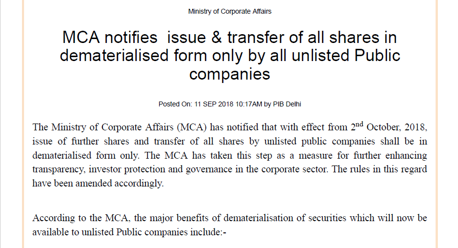 MCA notifies issue and transfer of all shares in dematerialized form