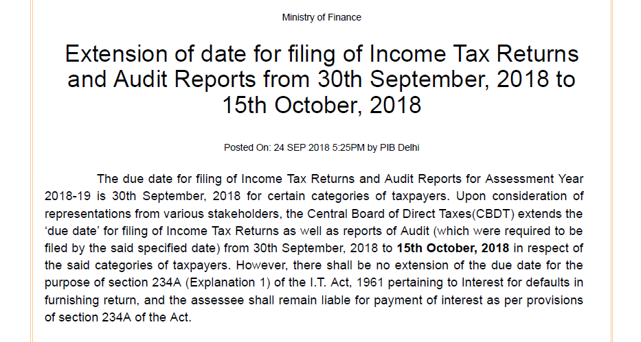 Date for Income Tax Return extends till 15th October 2018