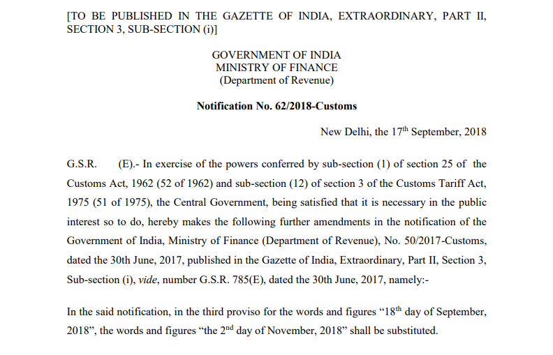 Notification No. 62/2018-Customs