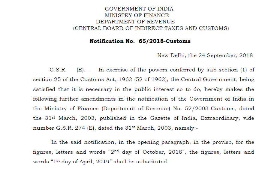 Notification No. 65/2018-Customs