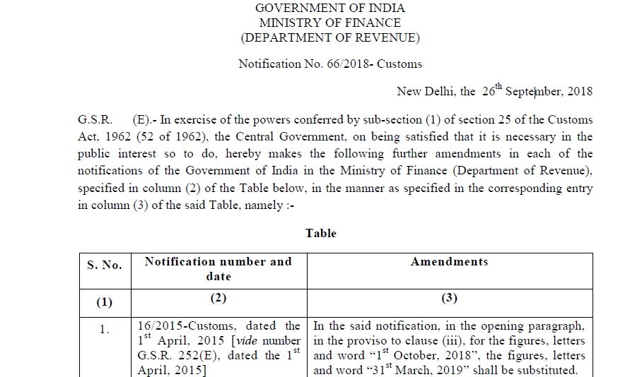 Notification No. 66/2018- Customs