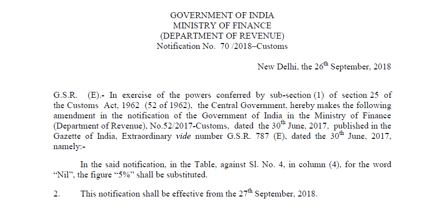 Notification No. 70 /2018–Customs