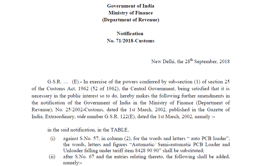 Notification No. 71/2018-Customs