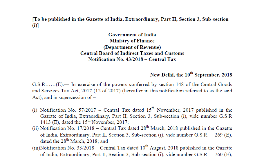 Notification No. 43/2018 – Central Tax