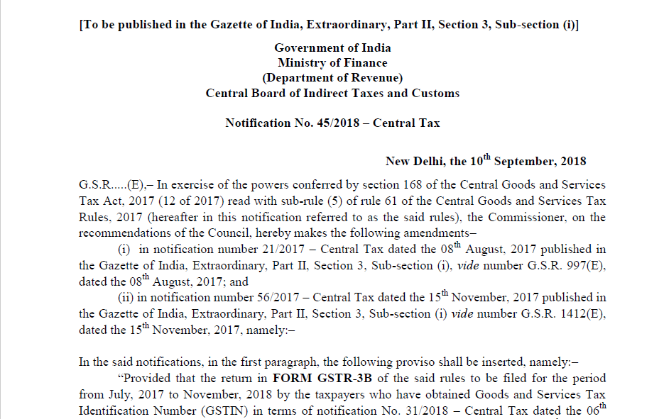 Notification No. 45/2018 – Central Tax