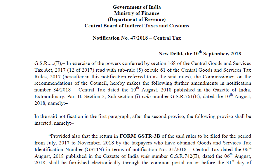 Notification No. 47/2018 – Central Tax
