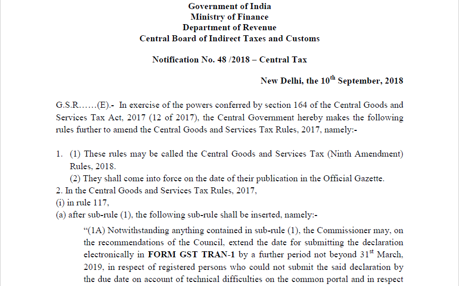 Notification No. 48 /2018 – Central Tax