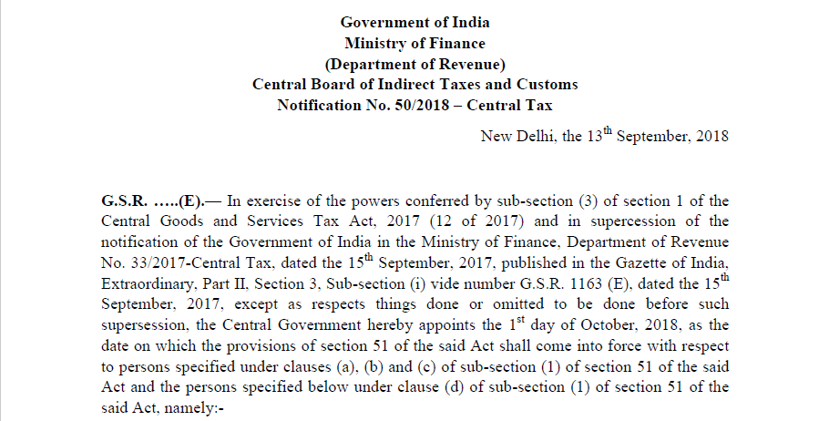 Notification No. 50/2018 – Central Tax