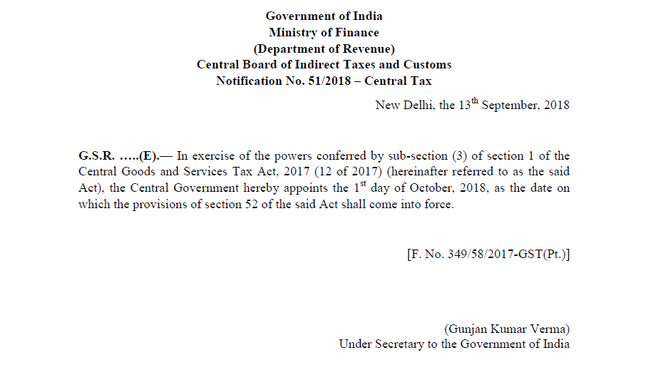 Notification No. 51/2018 – Central Tax