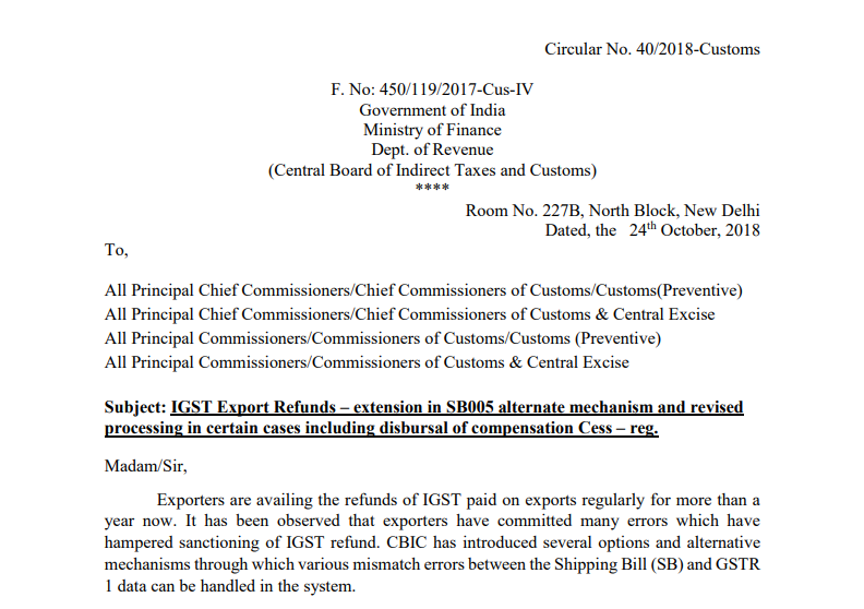 Circular No. 40/2018-Customs