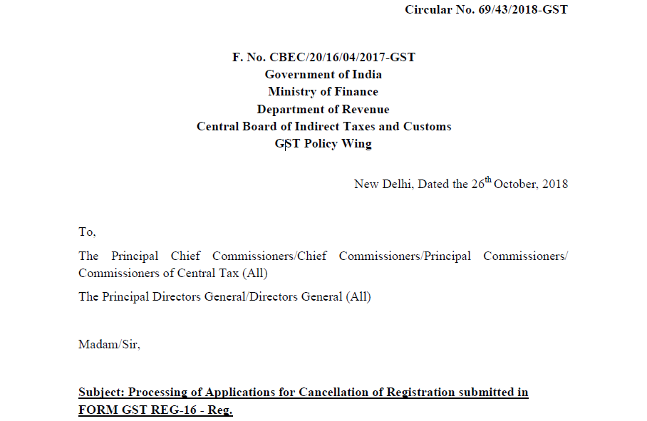 Circular No. 69/43/2018-GST