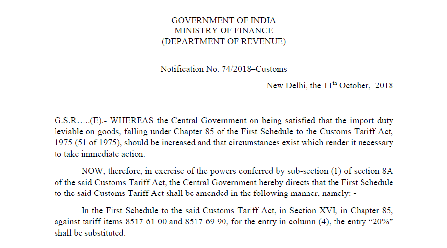 Notification No. 74/2018–Customs