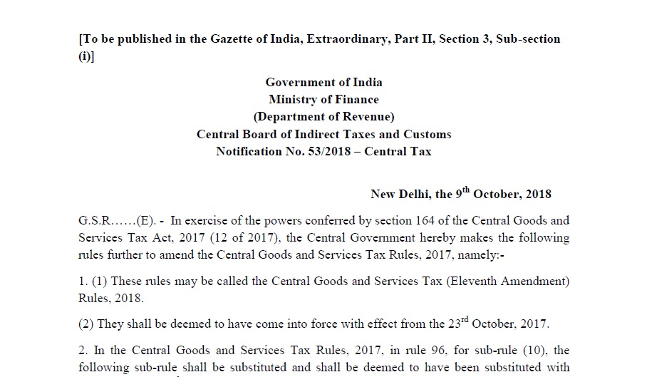 Notification No. 53/2018 – Central Tax