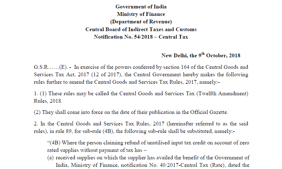 Notification No. 54/2018 – Central Tax