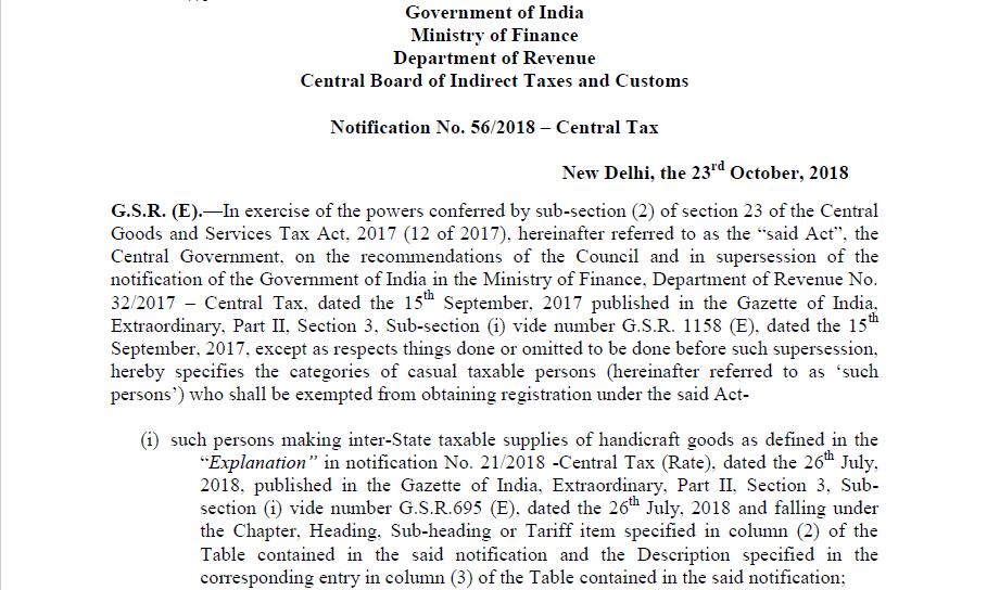Notification No. 56/2018 – Central Tax