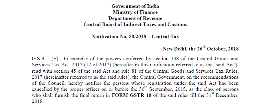 Notification No. 58/2018 – Central Tax