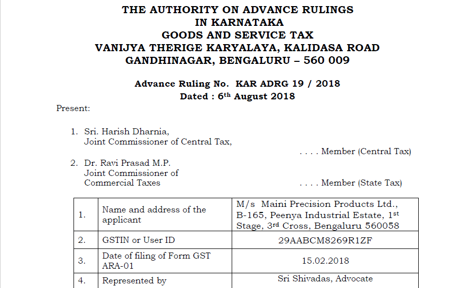 Original order of GST AAR of M/s Maini Precision Products Ltd.
