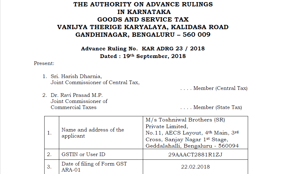 Original Copy of GST AAR of M/s Toshniwal Brothers (SR) Private Limited