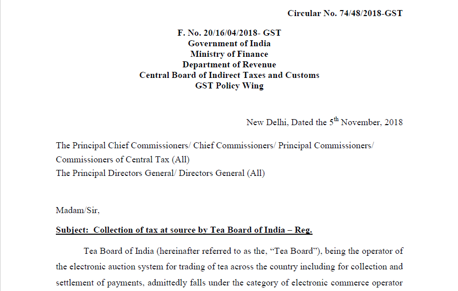 Circular No. 74/48/2018-GST