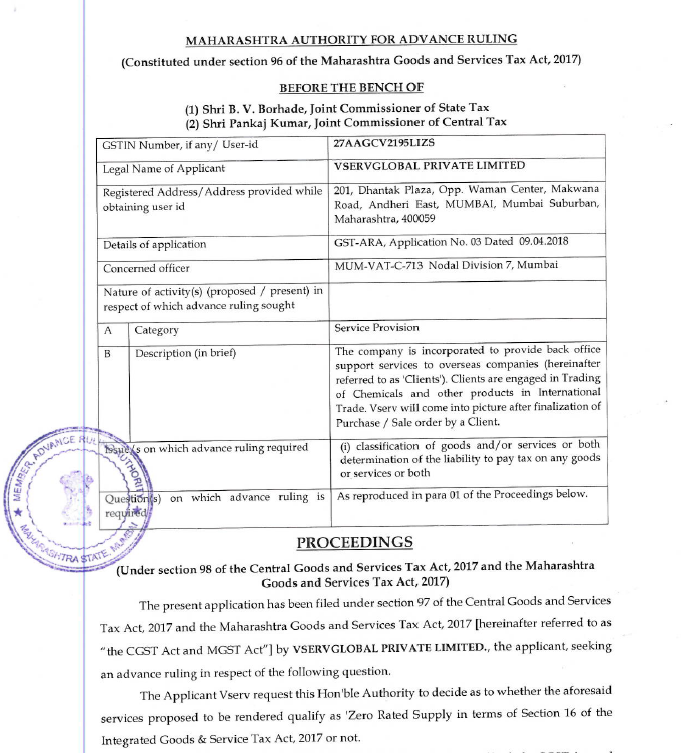 Original copy of GST AAR of Vservglobal Private Limited