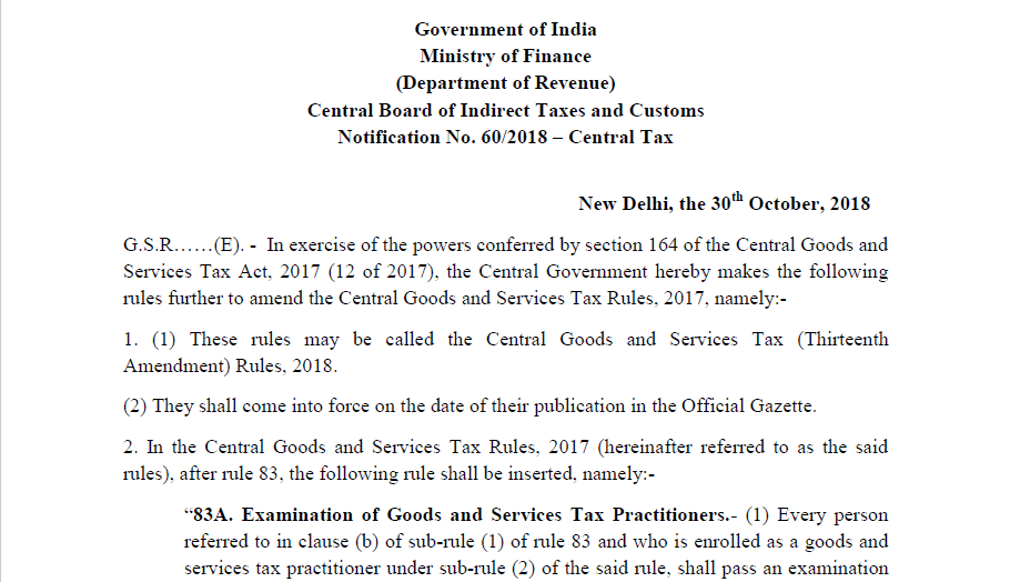 Notification No. 60/2018 – Central Tax