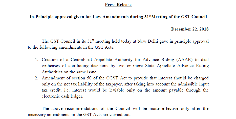 Law Amendments during 31st Meeting of the GST Council