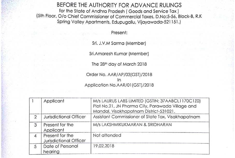 GST AAR of M/s Laurus Labs Limited