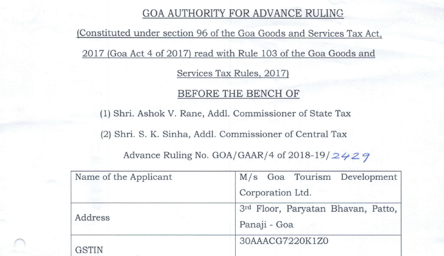 GST AAR of M/s Goa Tourism Development Corporation Ltd.
